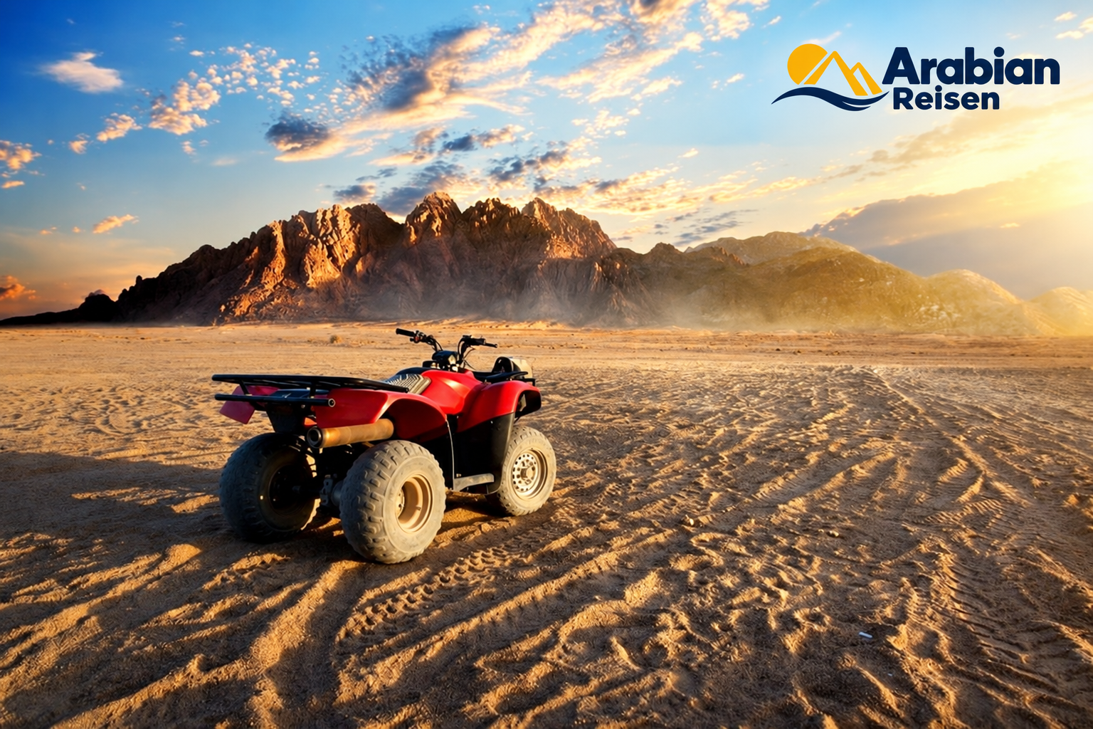 Red quad bike in the Hurghada desert at sunset with the Arabian Reisen logo